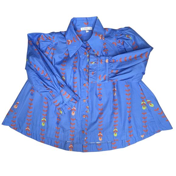Karlie Tops - Karlie womens Floral Vine Poplin Button Up Top Blue Long Sleeve size S New